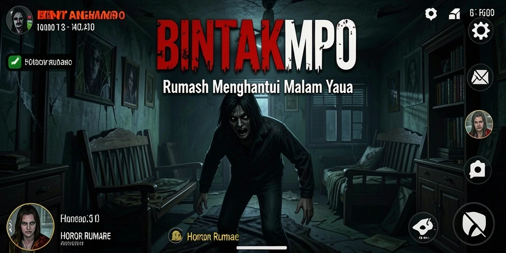 Antarmuka menakutkan dari game BINTANGMPO dengan suasana rumah berhantu.