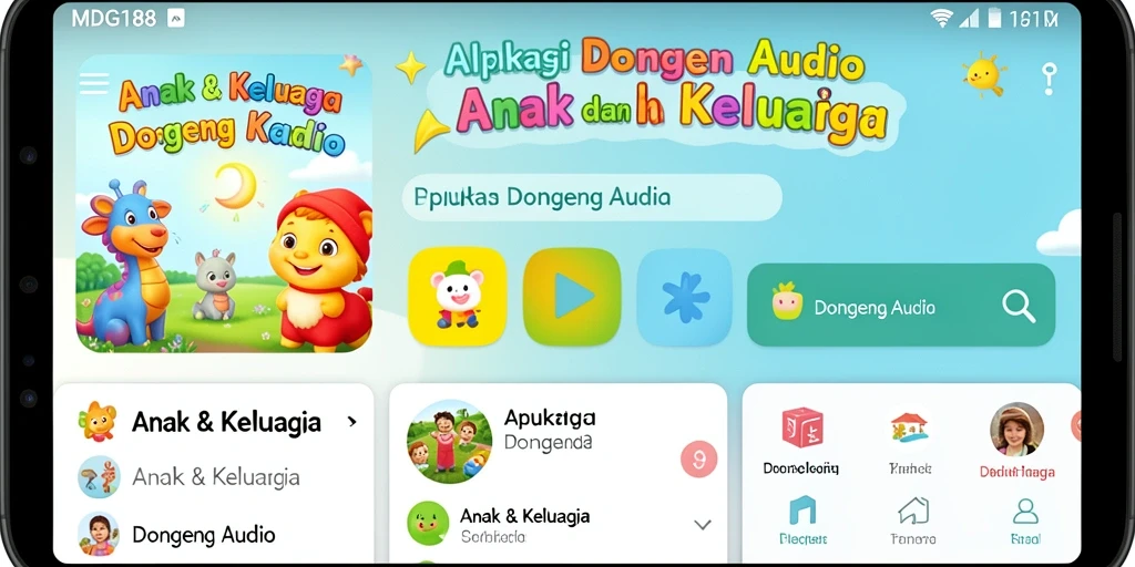 Antarmuka aplikasi MDG188 yang menarik dengan pilihan cerita Dongeng Audio.